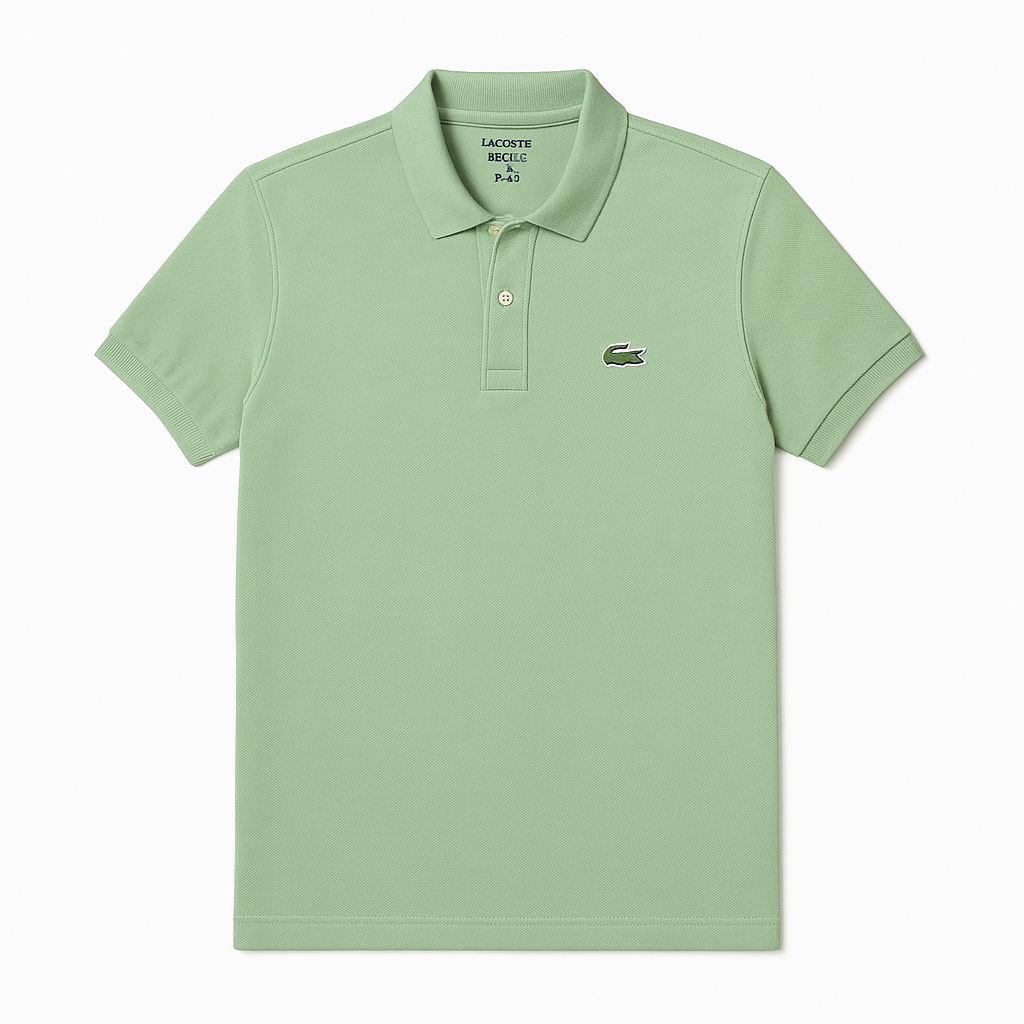 Folded sage green Lacoste polo shirt with three-button placket and embroidered crocodile logo