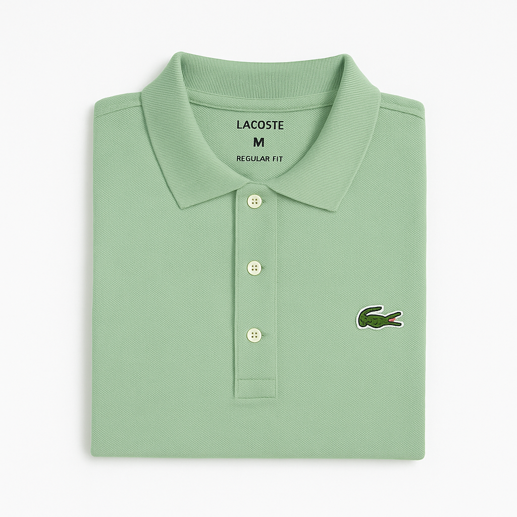 Folded sage green Lacoste polo shirt with three-button placket and embroidered crocodile logo