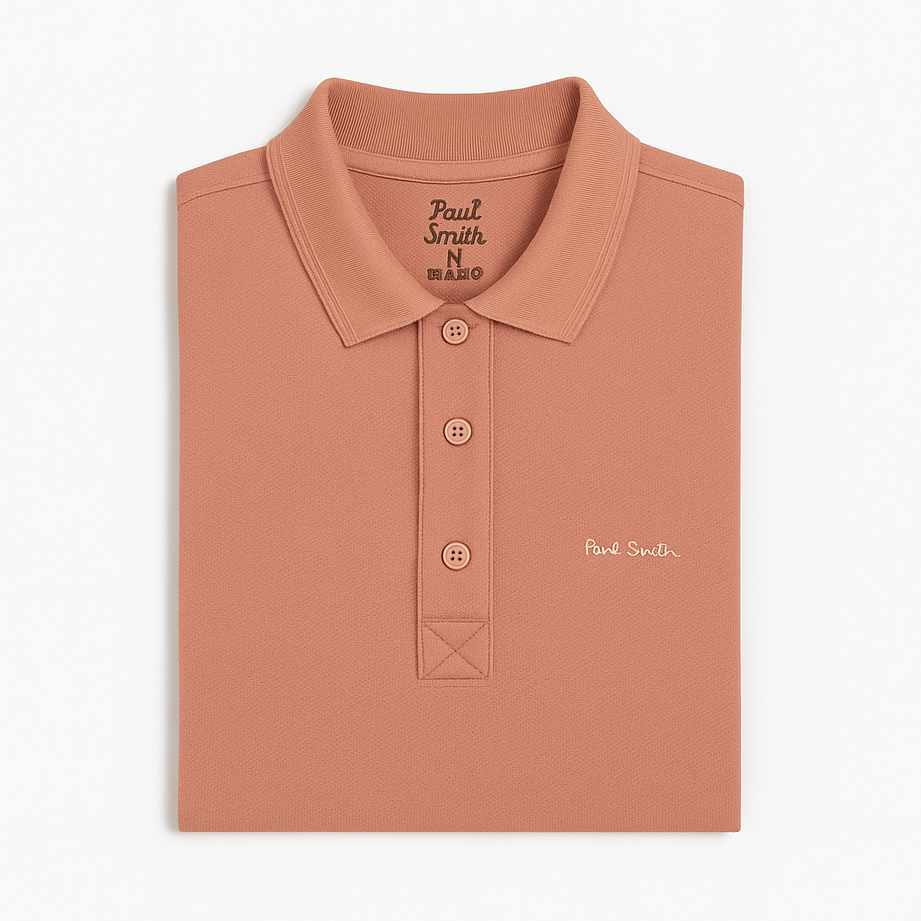 Folded Paul Smith terracotta polo shirt with embroidered logo and button placket