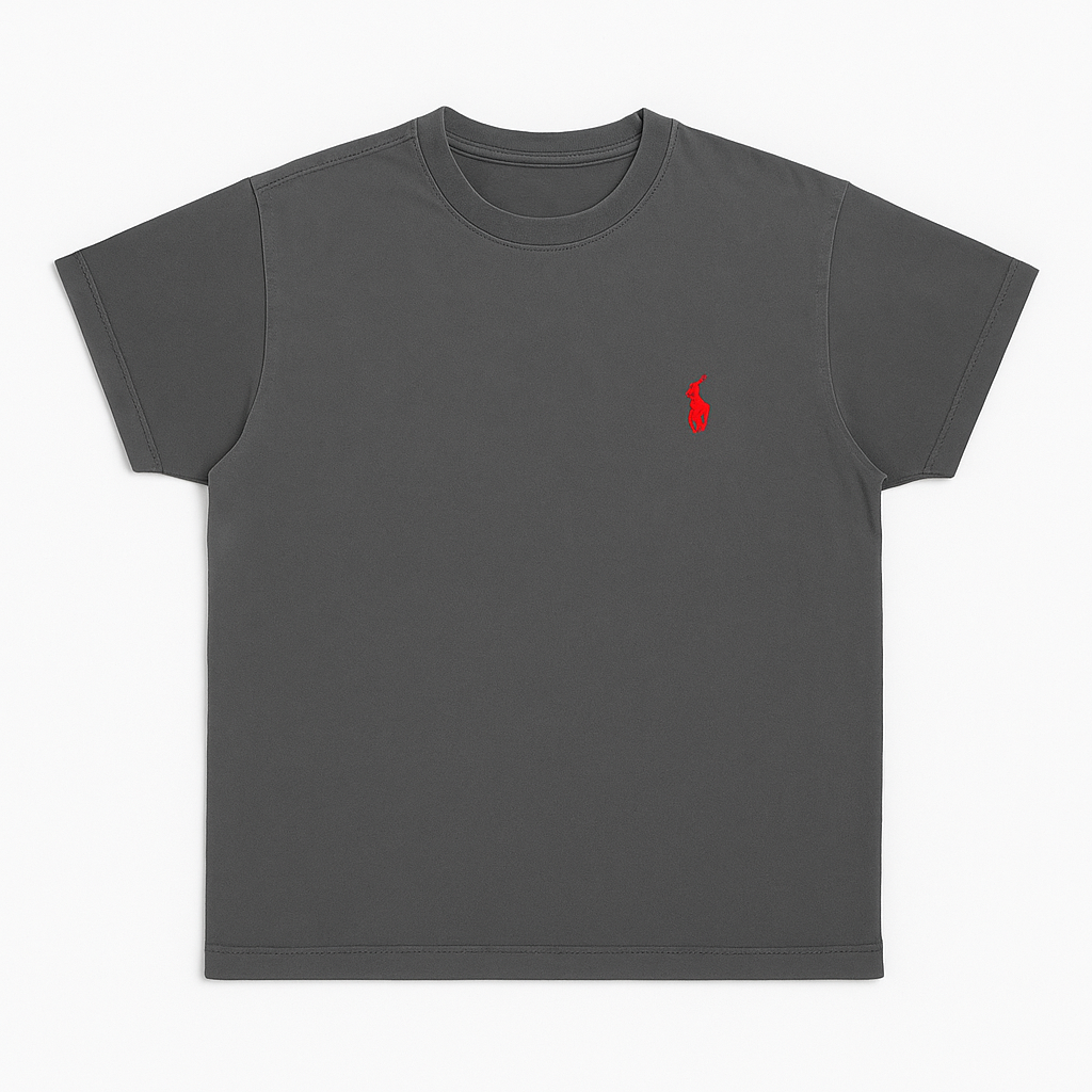 Folded charcoal grey Ralph Lauren t-shirt with red embroidered polo player logo