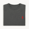 Folded charcoal grey Ralph Lauren t-shirt with red embroidered polo player logo