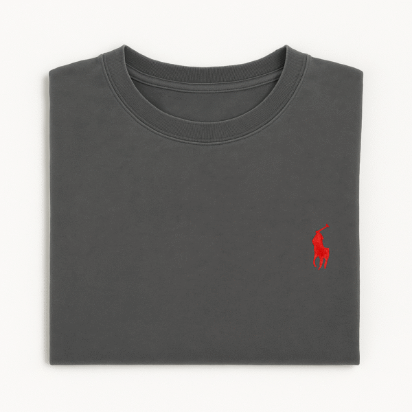Folded charcoal grey Ralph Lauren t-shirt with red embroidered polo player logo