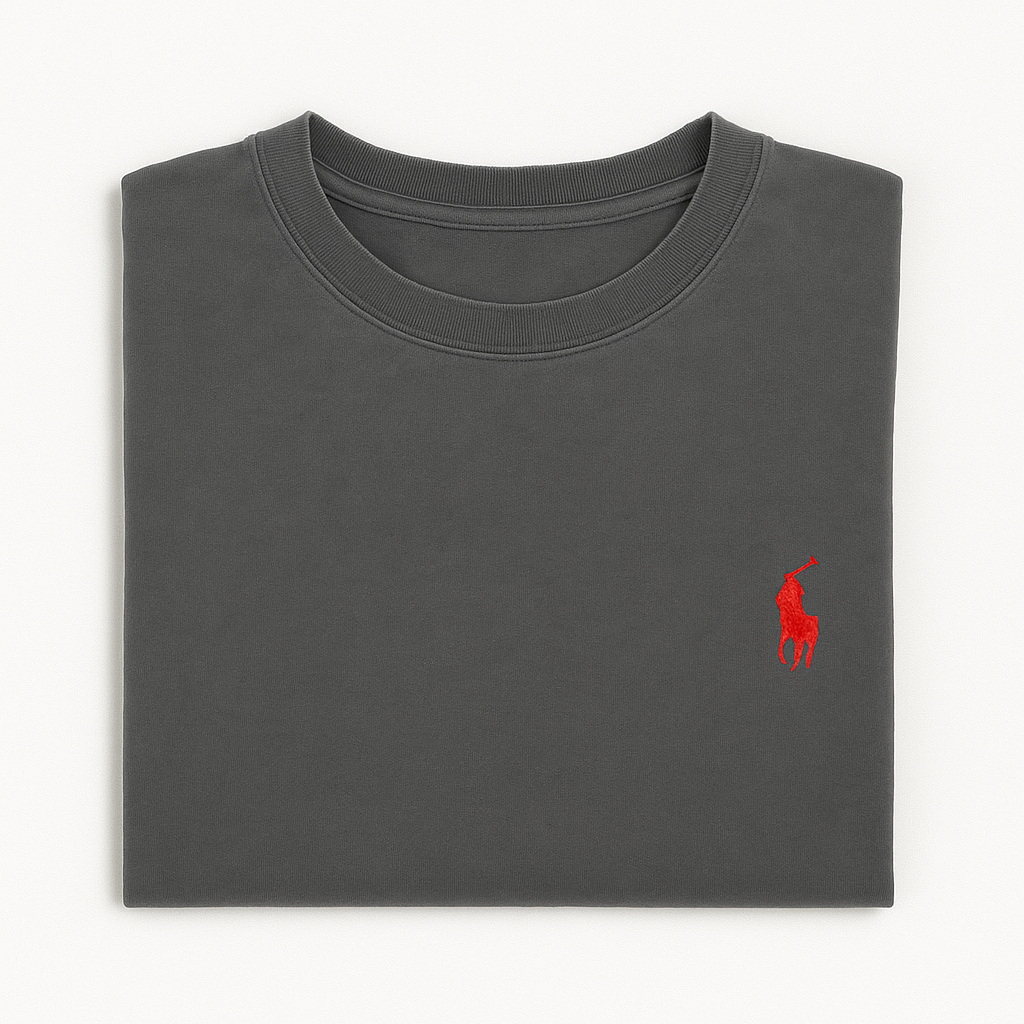 Folded charcoal grey Ralph Lauren t-shirt with red embroidered polo player logo