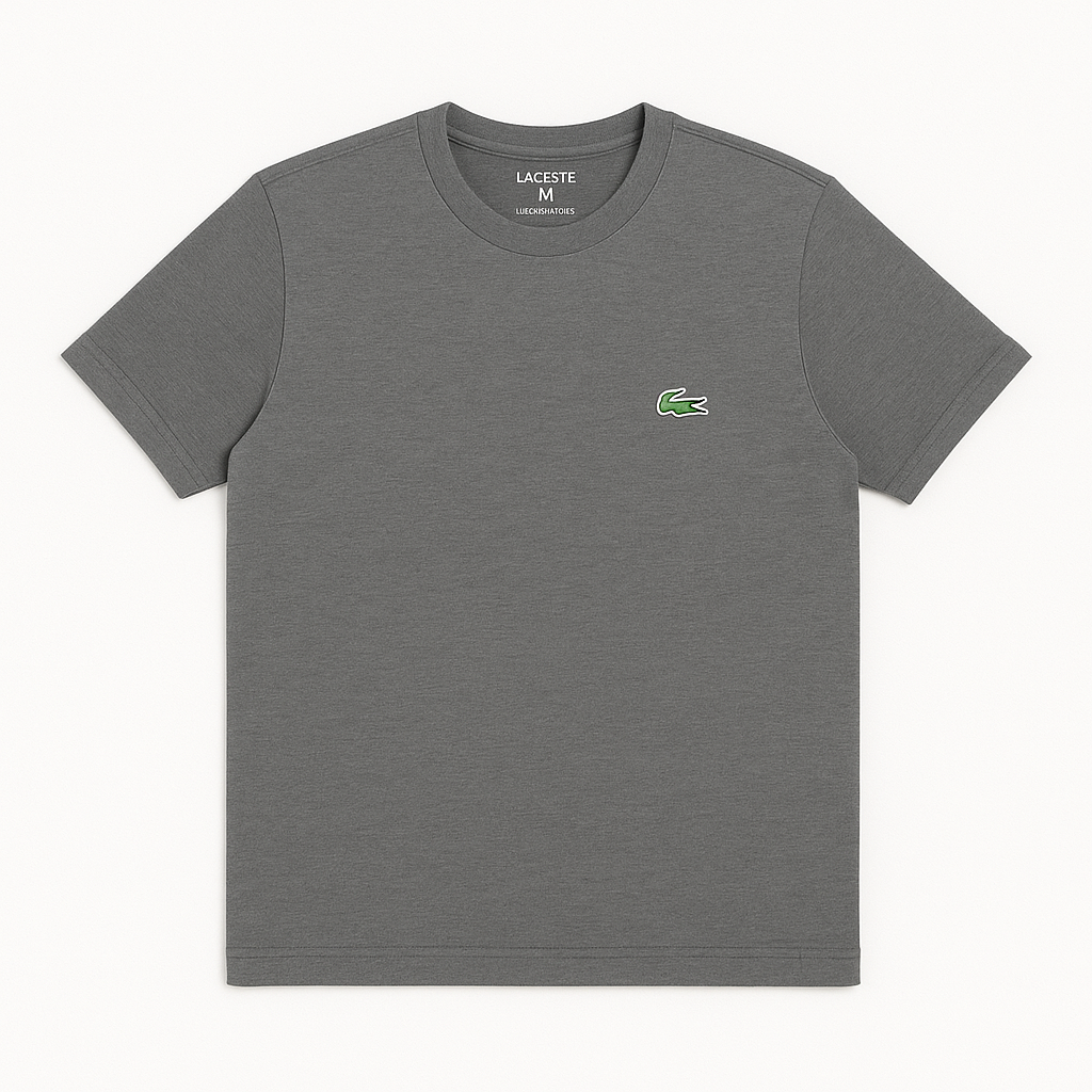 Folded charcoal grey Lacoste T-shirt with embroidered green crocodile logo on the chest