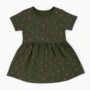 A short-sleeved olive green girl’s frock with a pink geometric print and gathered skirt.