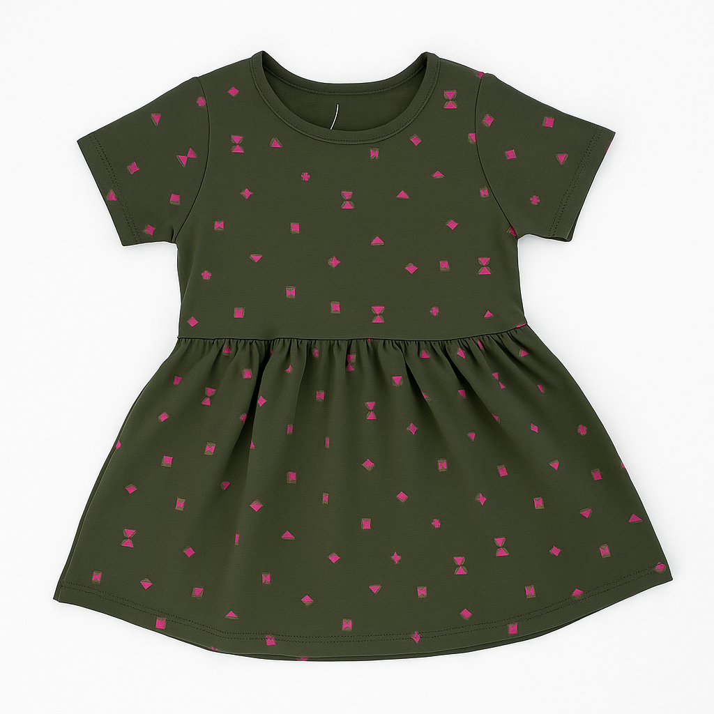 A short-sleeved olive green girl’s frock with a pink geometric print and gathered skirt.