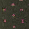 A short-sleeved olive green girl’s frock with a pink geometric print and gathered skirt.