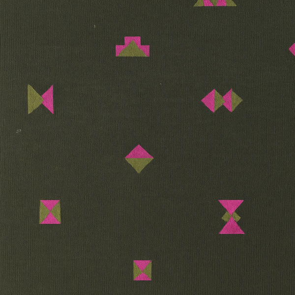 A short-sleeved olive green girl’s frock with a pink geometric print and gathered skirt.