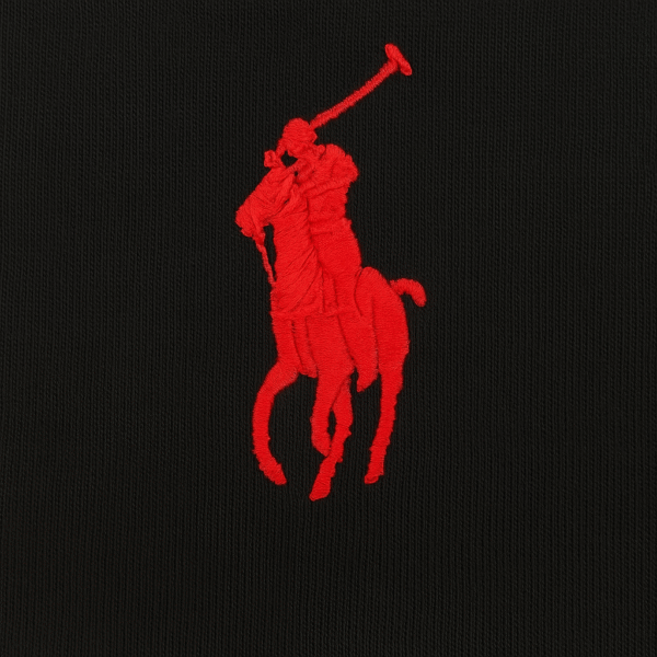 Black men’s jogger trousers with red embroidered Polo logo and drawstring waistband.