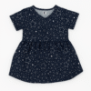 A short-sleeved navy blue girl's frock with a white star and constellation print and a gathered skirt.