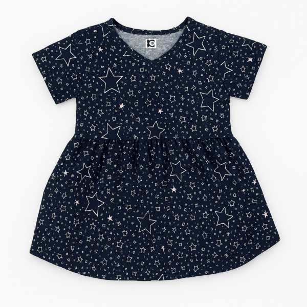 A short-sleeved navy blue girl's frock with a white star and constellation print and a gathered skirt.