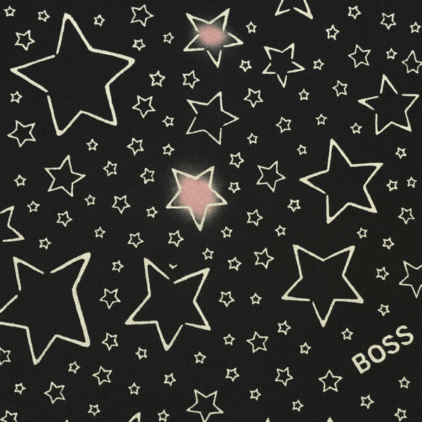 A short-sleeved navy blue girl's frock with a white star and constellation print and a gathered skirt.