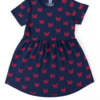 A navy blue short-sleeved girl’s frock with red butterfly print and a gathered skirt.