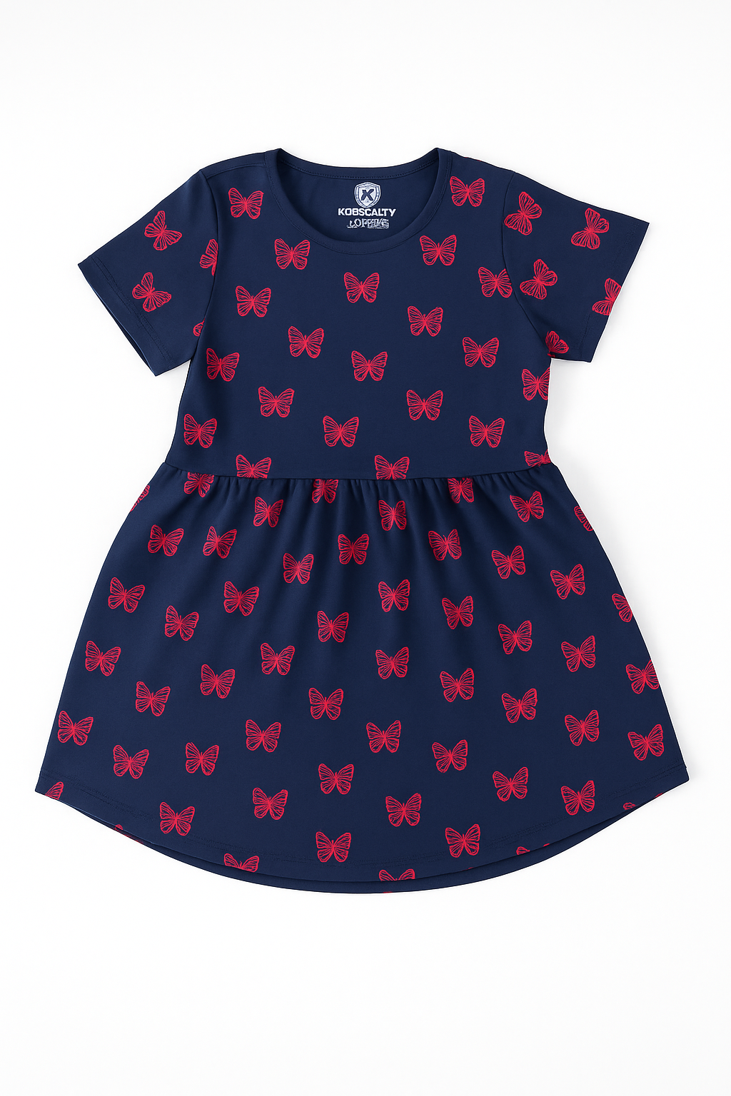 A navy blue short-sleeved girl’s frock with red butterfly print and a gathered skirt.