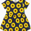 Navy blue kids' dress with bright yellow sunflower print, short sleeves, and a flared skirt for children aged 4 to 5 years.