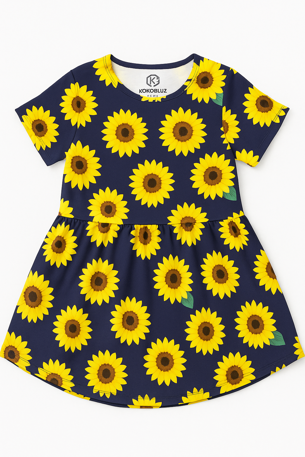 Navy blue kids' dress with bright yellow sunflower print, short sleeves, and a flared skirt for children aged 4 to 5 years.