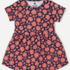 Navy blue kids' dress with all-over pink floral print, short sleeves, and a gathered waist, for children aged 3 to 4 years.