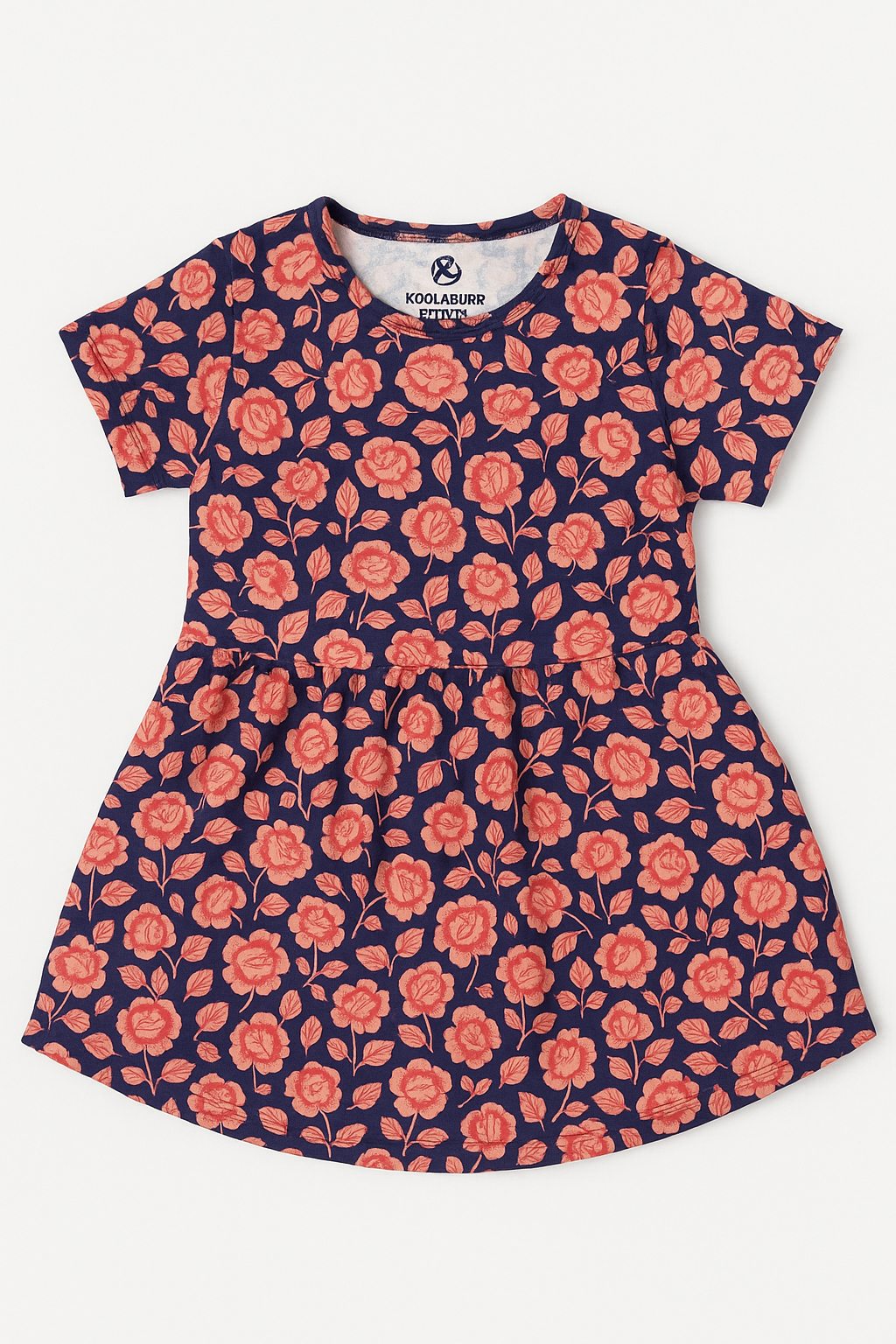Navy blue kids' dress with all-over pink floral print, short sleeves, and a gathered waist, for children aged 3 to 4 years.