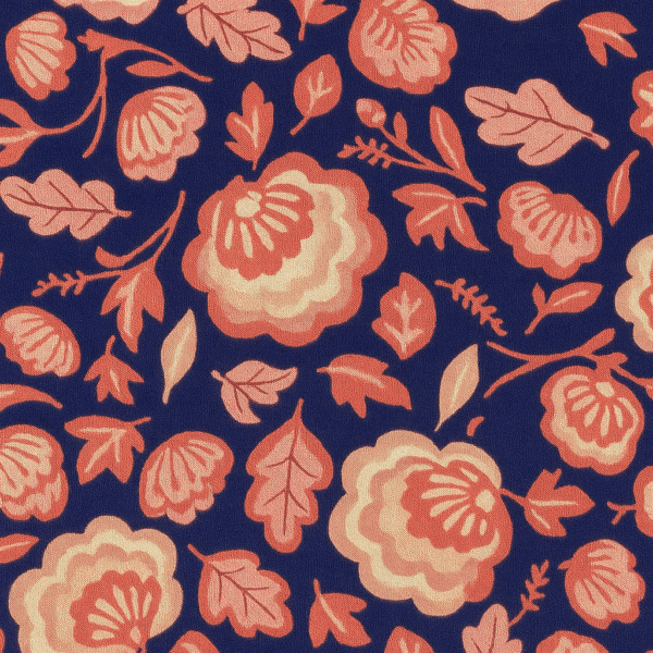 Navy blue kids' dress with all-over pink floral print, short sleeves, and a gathered waist, for children aged 3 to 4 years.