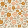 A short-sleeved children's frock with an all-over orange and peach floral print on a sand beige background.