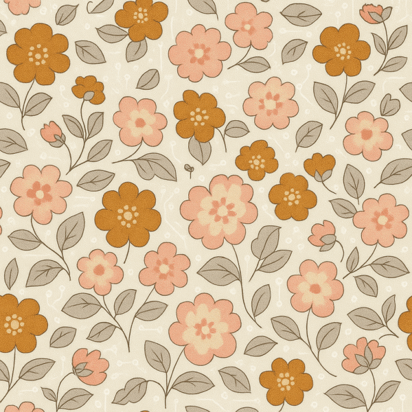 A short-sleeved children's frock with an all-over orange and peach floral print on a sand beige background.
