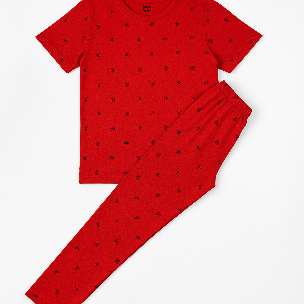 Red short-sleeve kids' nightwear set with matching printed t-shirt and pajama pants for 5 to 6 years