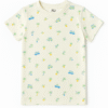 Cream summer T-shirt for kids aged 6–7 years with beach-themed print, including pineapples, palm trees, and vans.