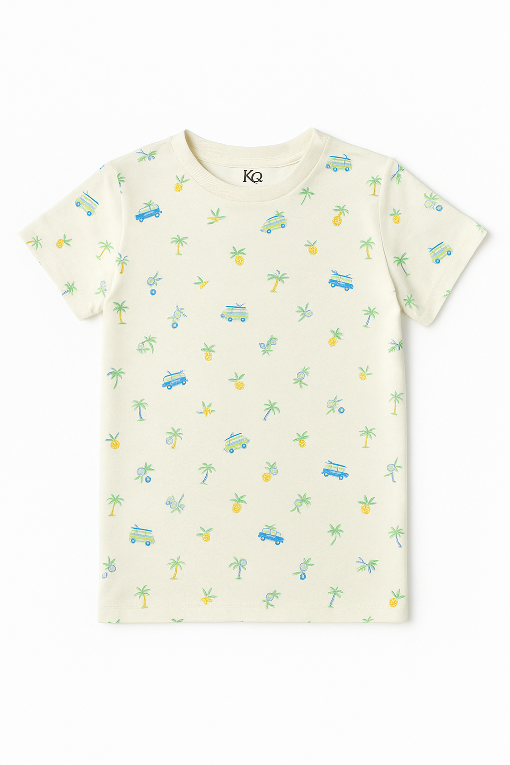 Cream summer T-shirt for kids aged 6–7 years with beach-themed print, including pineapples, palm trees, and vans.