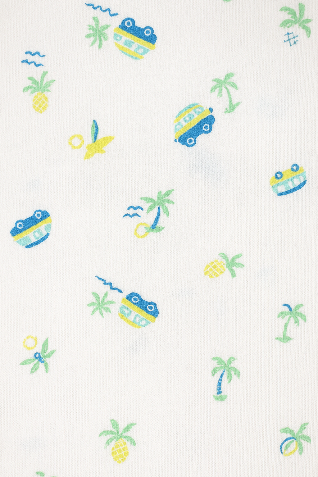 Cream summer T-shirt for kids aged 6–7 years with beach-themed print, including pineapples, palm trees, and vans.