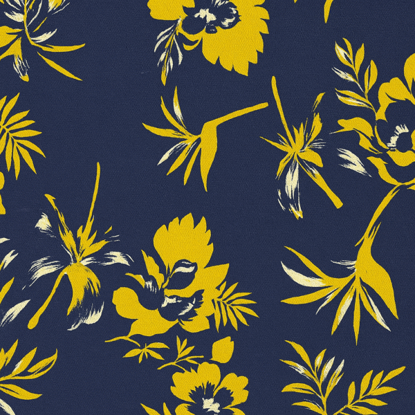 Navy blue t-shirt with vibrant golden yellow floral print and crescent moon accents