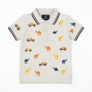 Beige kids' polo t-shirt with embroidered camel and car motifs, short sleeves, and striped collar