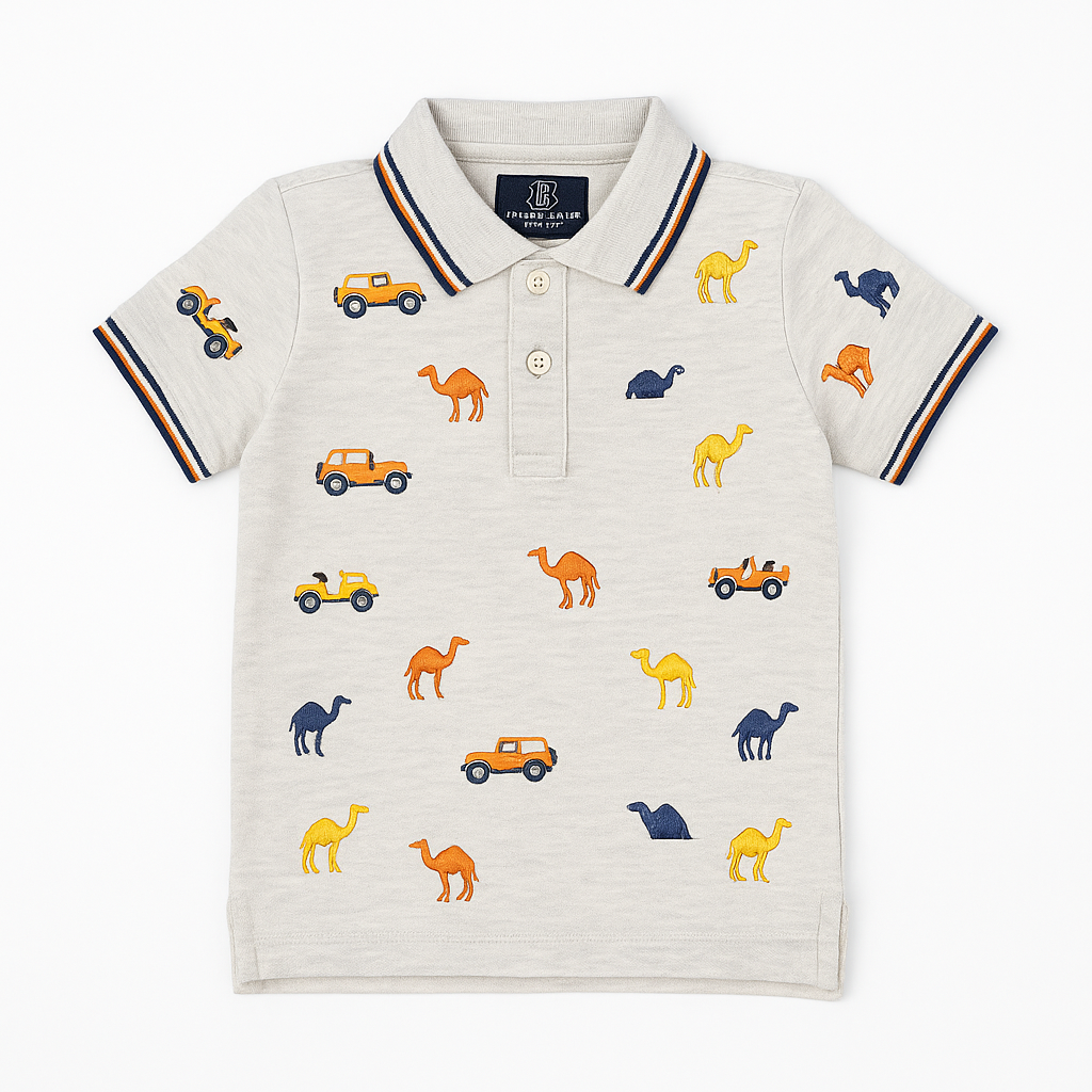 Beige kids' polo t-shirt with embroidered camel and car motifs, short sleeves, and striped collar