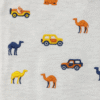 Beige kids' polo t-shirt with embroidered camel and car motifs, short sleeves, and striped collar