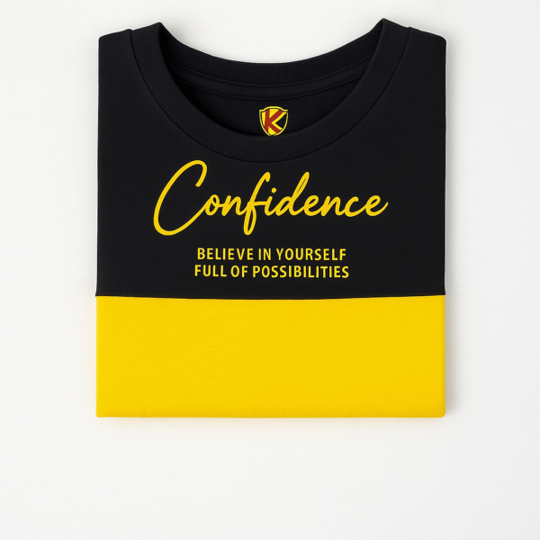Kids color-block T-shirt in black and yellow with “Confidence” text printed on front