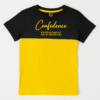 Kids color-block T-shirt in black and yellow with “Confidence” text printed on front