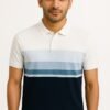 cream and navy blue polo shirt with horizontal color block design