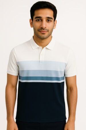 cream and navy blue polo shirt with horizontal color block design