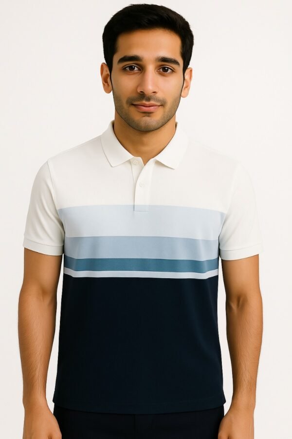 cream and navy blue polo shirt with horizontal color block design