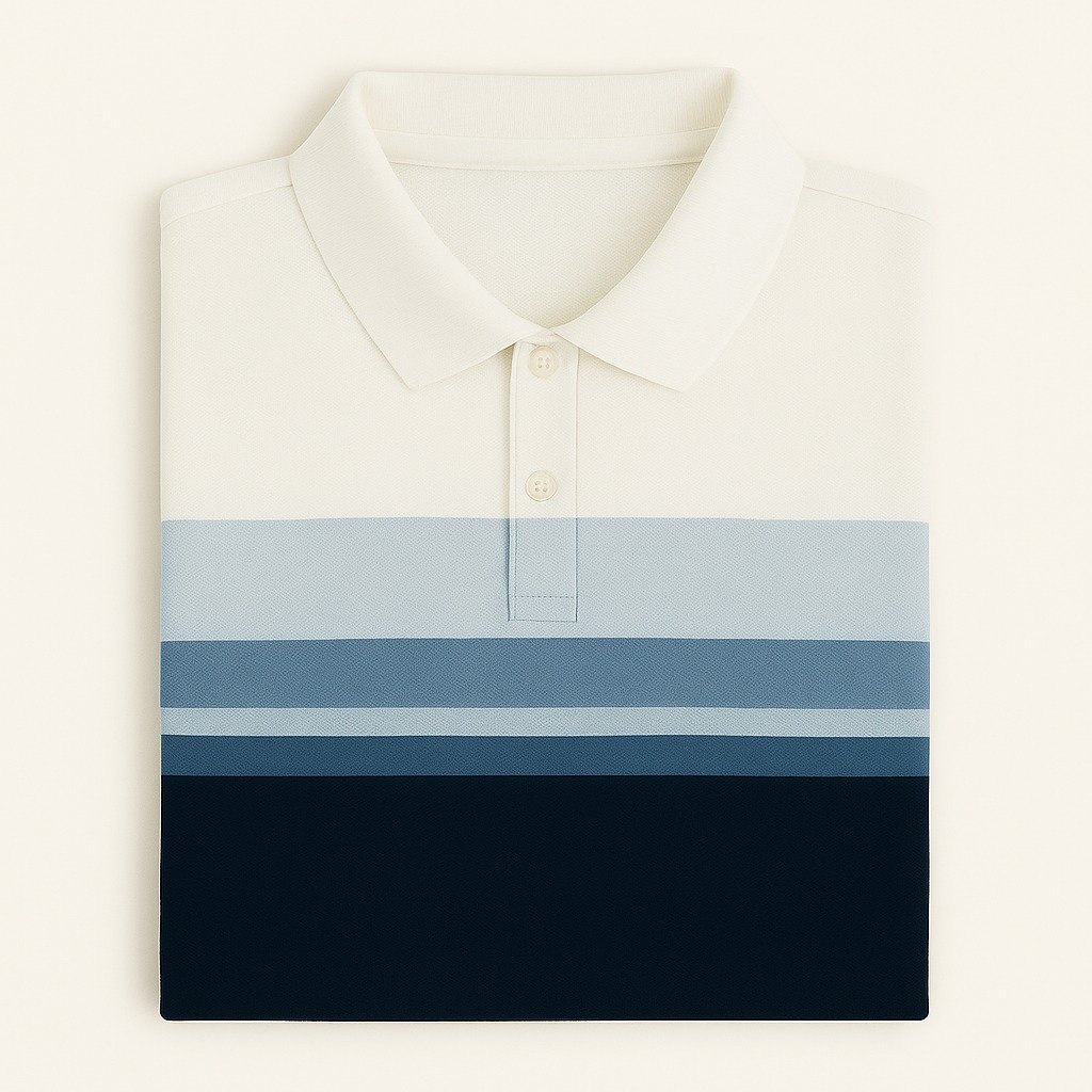 cream and navy blue polo shirt with horizontal color block design
