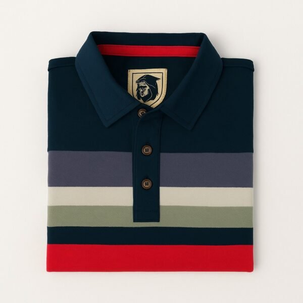 Man wearing dark blue polo shirt with horizontal multicolor stripes