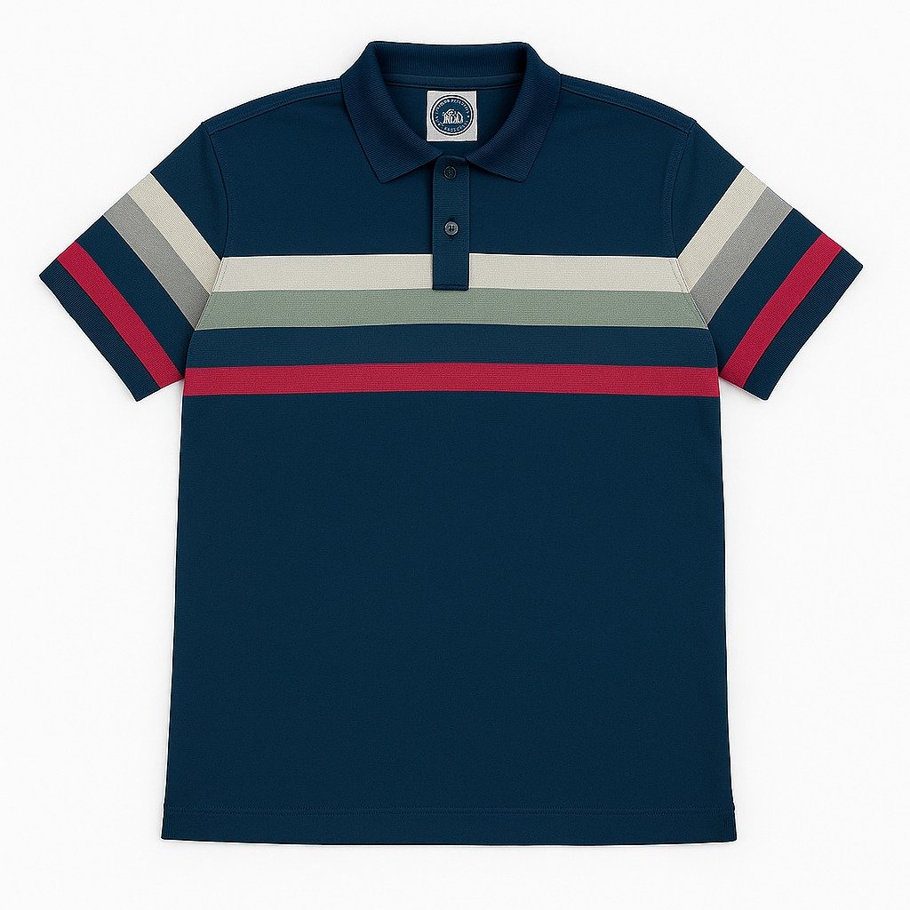 Man wearing dark blue polo shirt with horizontal multicolor stripes