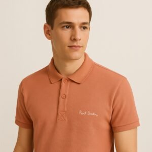 Folded Paul Smith terracotta polo shirt with embroidered logo and button placket