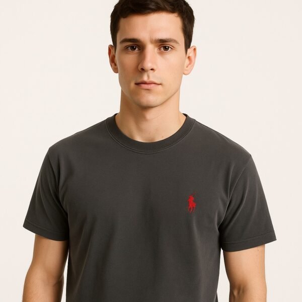 Folded charcoal grey Ralph Lauren t-shirt with red embroidered polo player logo