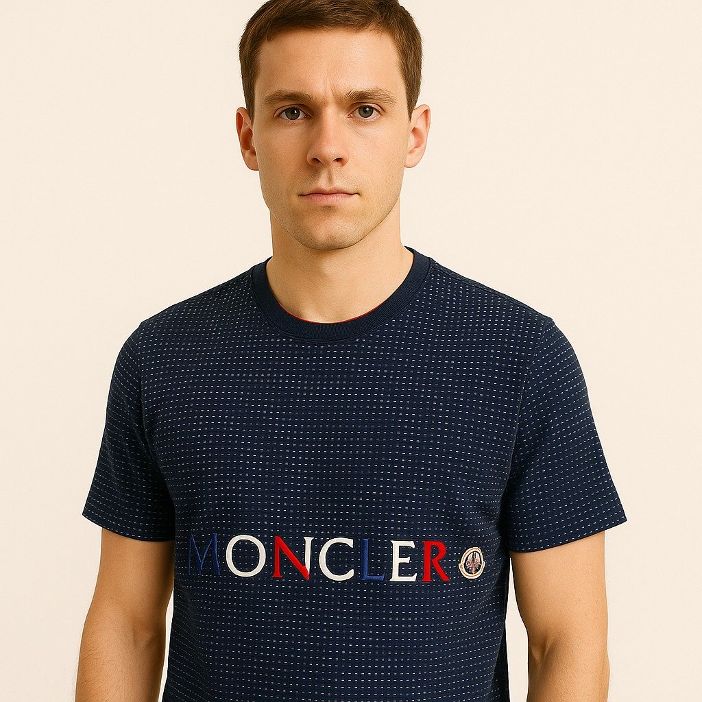 Navy Moncler t-shirt with red, white, and blue embroidered logo on chest
