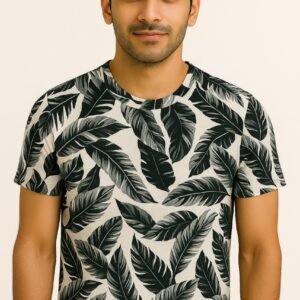 Man wearing a high-quality round neck t-shirt with an all-over black leaf print on an off-white background