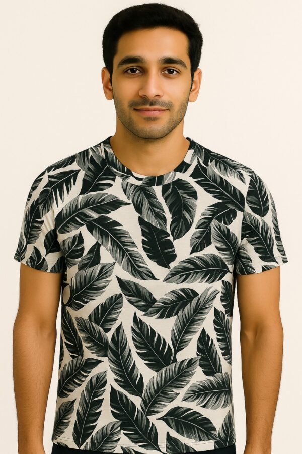 Man wearing a high-quality round neck t-shirt with an all-over black leaf print on an off-white background