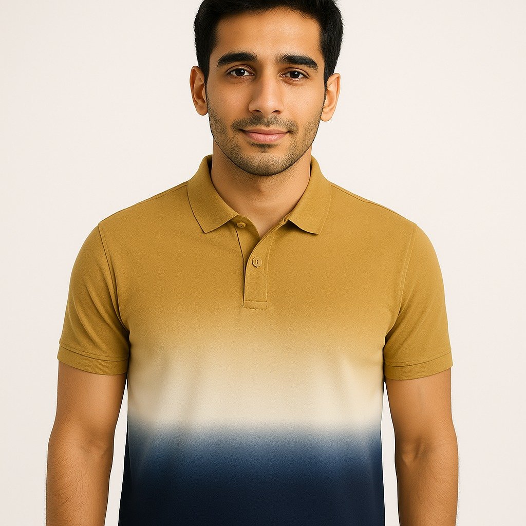 Man wearing a mustard to navy blue gradient ombre polo t-shirt with a classic collar and short sleeves