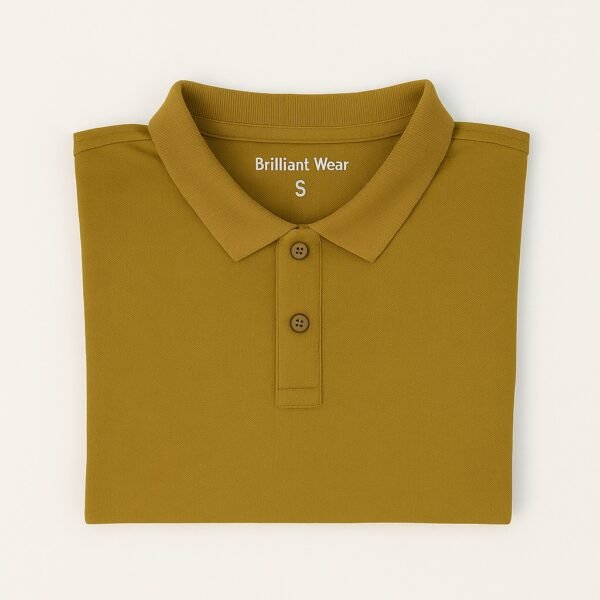 Man wearing a mustard to navy blue gradient ombre polo t-shirt with a classic collar and short sleeves