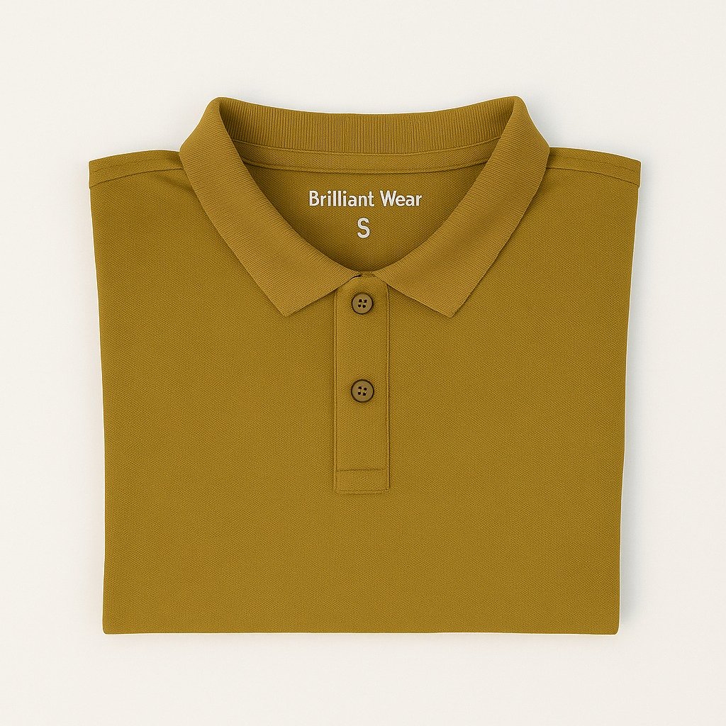 Man wearing a mustard to navy blue gradient ombre polo t-shirt with a classic collar and short sleeves