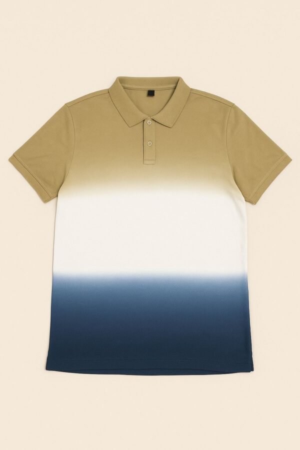 Man wearing a mustard to navy blue gradient ombre polo t-shirt with a classic collar and short sleeves